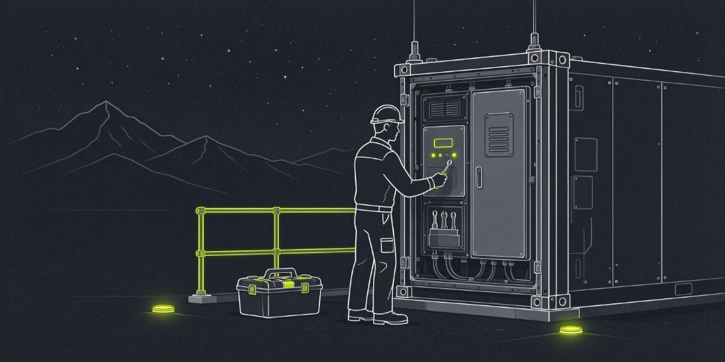 A technician servicing equipment in the field at night