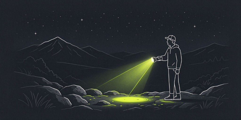 A person using a flashlight beam on rocky ground at night