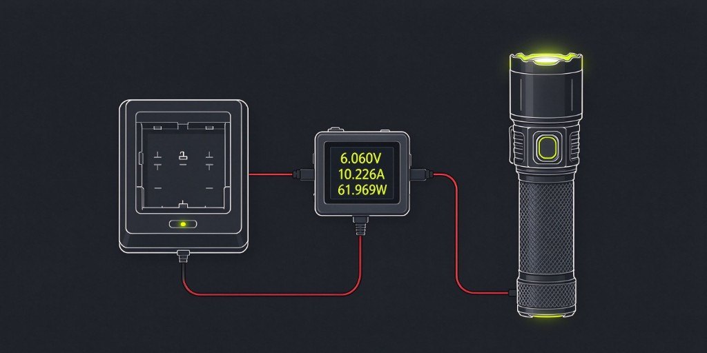 A measured power test between a charger and a flashlight, showing volts, amps, and watts